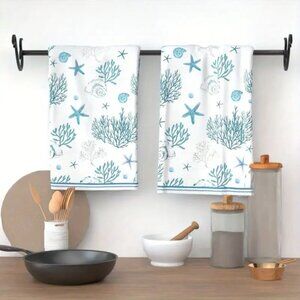 Coastal Decor Ocean-Themed Hand-Painted Kitchen Bathroom Towels- Set of 2